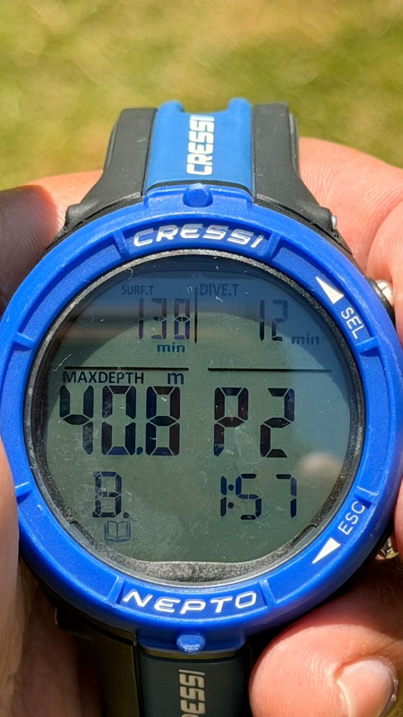 Dive computer showing a maximum depth of 40.8 metres